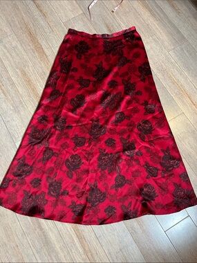 VTG Sarah Chapman Wine Red Rose Floral Silk A-Line Skirt size 10 maxi